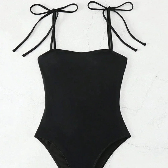 Black Vacation Style Women's Swim Summer Beach Solid Color One-Piece Swimsuit - Picture 2 of 5